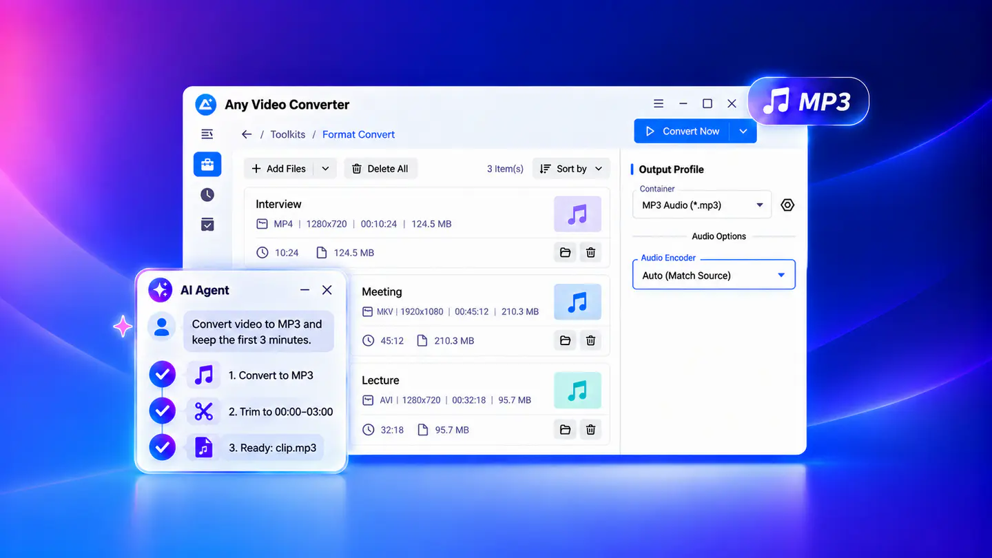 convertitore MP3 desktop con conversione in batch, impostazioni audio e assistenza di AI Agent
