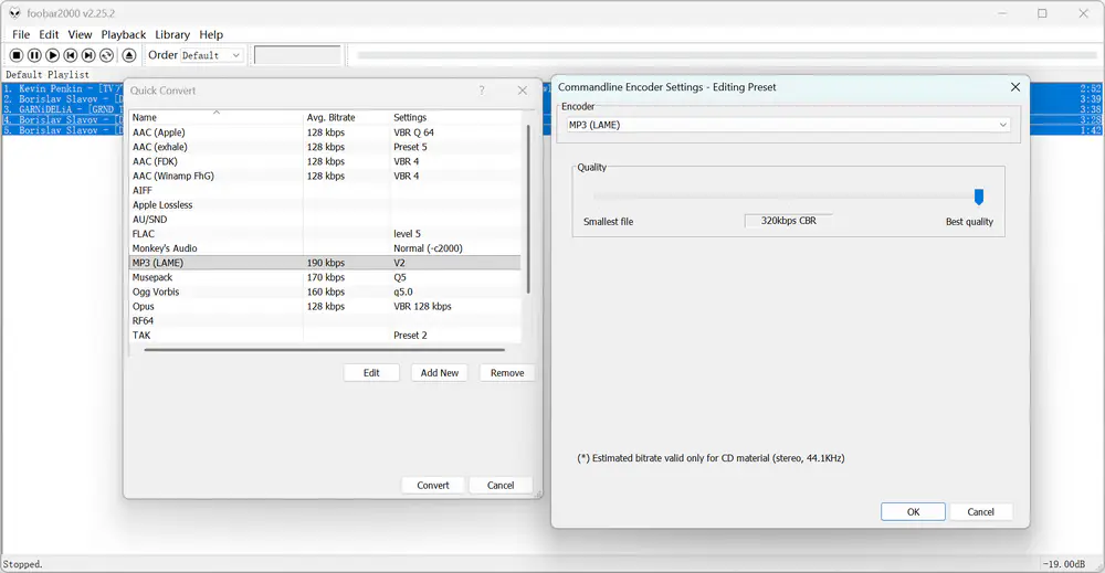 choose mp3 lame as the output format in foobar2000